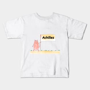 Achilles name. Personalized gift for birthday your friend. Cat character holding a banner Kids T-Shirt